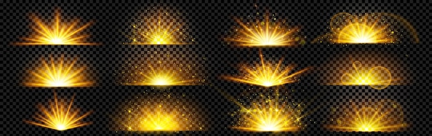 Gold explode glow shine and sun light ray burst vector effect set isolated on transparent background magic yellow flare sparkle energy explosion and golden glitter sunlight beam and starlight powder