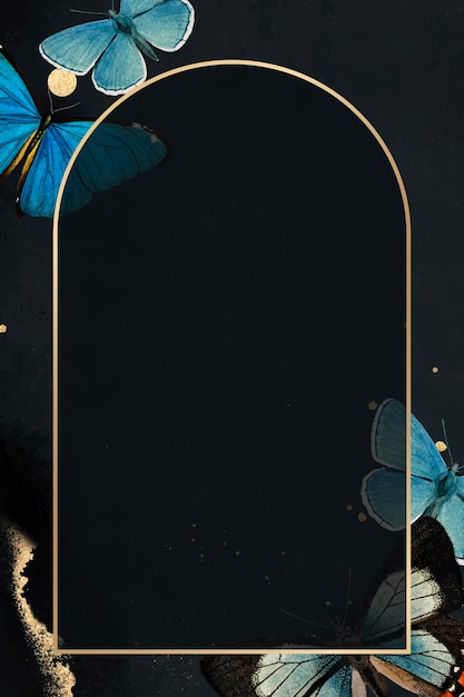 Бесплатное векторное изображение Золотая рамка с фоном голубых бабочек