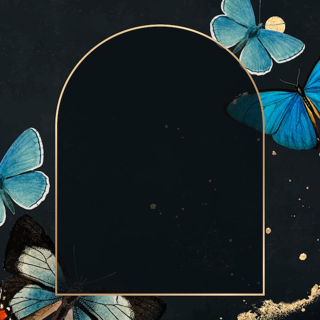 Золотая рамка с голубыми бабочками узорчатый фон вектор