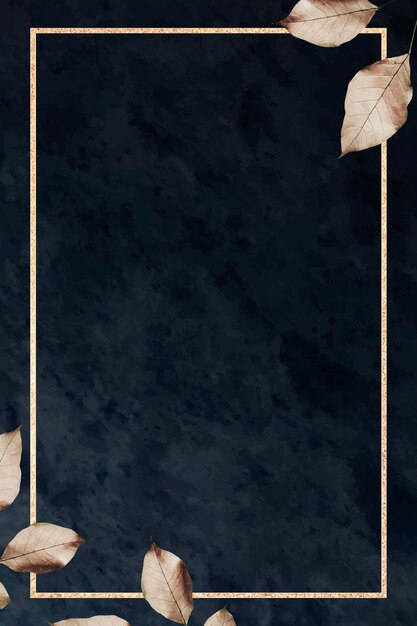 黒い大理石の織り目加工の背景に葉を持つゴールドフレーム