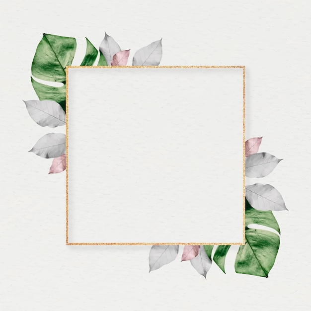 Free vector gold frame with foliage on marble textured background