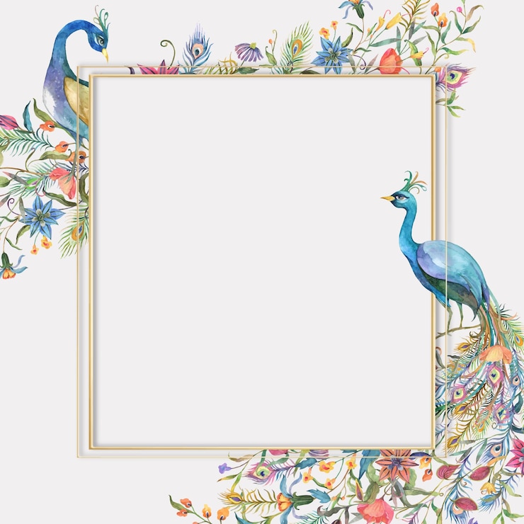 Free Vector gold frame with watercolor flower and peacock illustration