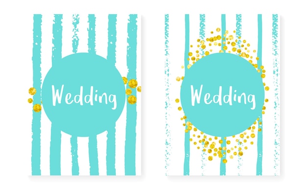 Gold glitter confetti with dots and sequins Wedding and bridal shower invitation cards set Vertical turquoise stripes background Creative gold glitter confetti for party event save the date flyer
