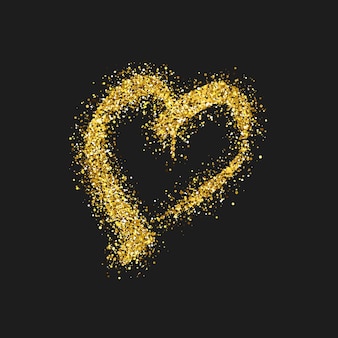 Золотой глиттер каракули сердце на темном фоне. золотое гранжевое рисованное сердце. символ романтической любви. векторная иллюстрация.