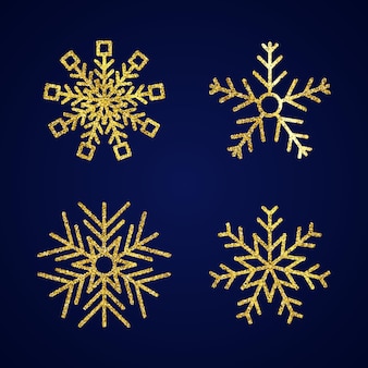 Снежинки золотой блеск. набор из четырех снежинок золотой блеск на синем фоне. рождественские и новогодние элементы декора. векторная иллюстрация.