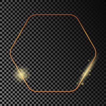 Gold glowing rounded hexagon frame isolated on dark transparent background. shiny frame with glowing effects. vector illustration.