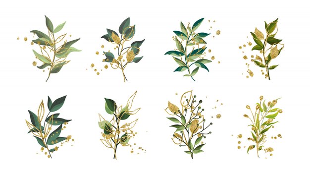 Золотые зеленые тропические листья свадебный букет с золотыми брызгами изолированы. Цветочные векторные иллюстрации композиция в стиле акварели. Ботанический арт дизайн