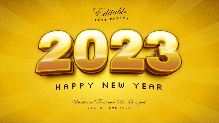 Free Vector gold happy new year 2023 3d bold text effect