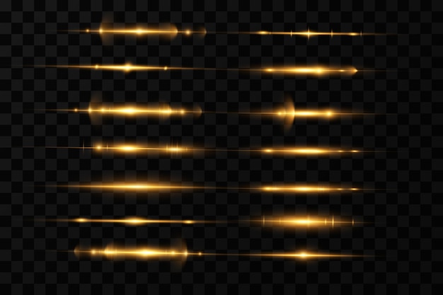 Gold horizontal lens flares pack laser beams horizontal light rays glow transparent vector light