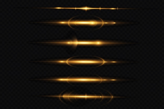 Gold horizontal lens flares pack laser beams horizontal light rays glow transparent vector light