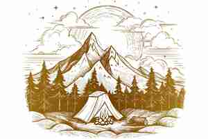 Free vector gold landscape hand sketch campfire adventure illustration