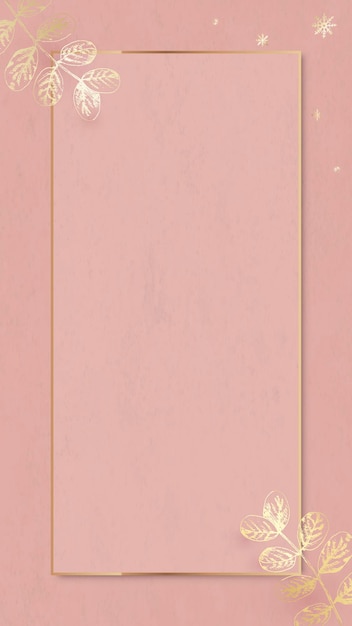 Motivo a foglie d'oro con cornice dorata su carta da parati rosa per cellulare vettore