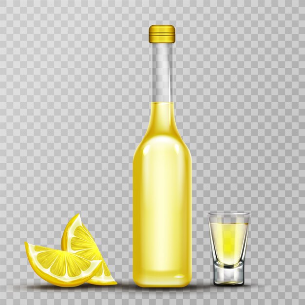 Золотая бутылка лимончелло и рюмка
