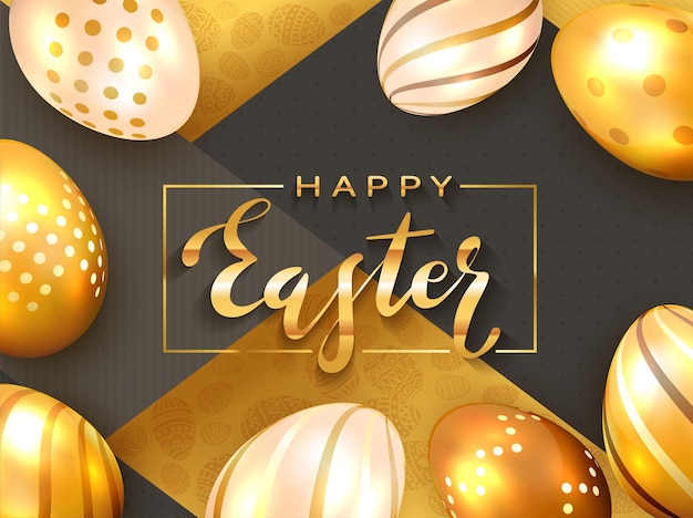 Gold lettering happy easter with golden easter eggs and luxury elements on holiday background, illustration.