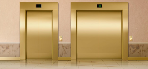 Gold lift doors service and cargo closed elevators building hall interior with gold gates buttons stage number panels indoor transportation in office or hotel realistic illustration