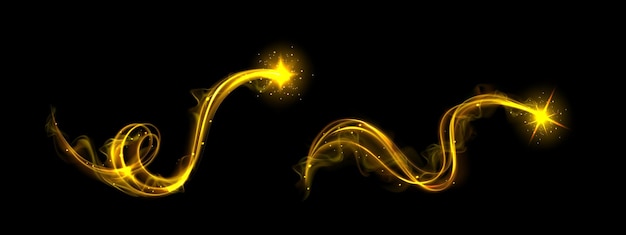 Gold magic glow line effect and neon swirl shine vector energy wave with flare and sparkle spiral vortex with shiny particle hurricane or tornado twist with stardust and beautiful flying trail