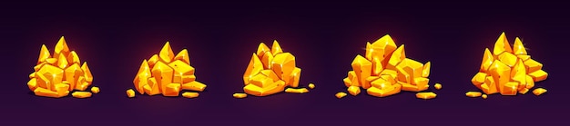 無料ベクター 金鉱山のナゲットと山と山の岩石黄金の宝石の漫画のベクトル図セット固体天然宝物の束塊状の黄色の光沢のある金色の結晶の破片鉱石原料