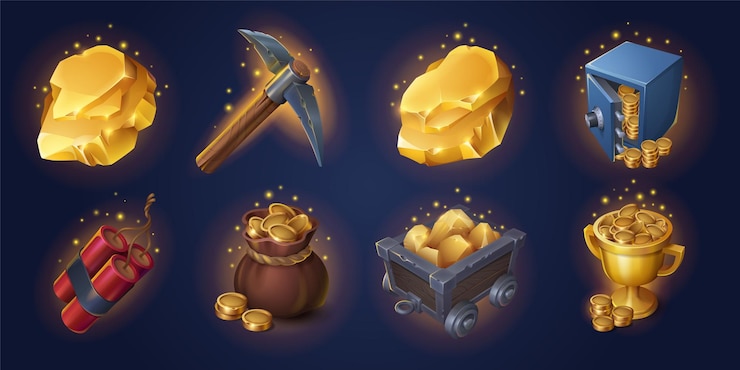 免費 Vector 黃金採礦遊戲道具收藏在背景上