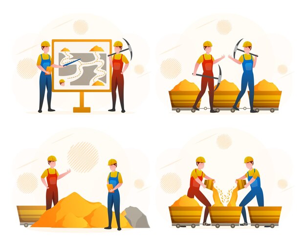 Free vector gold mining worker miner labor people mining extraction of minerals in the mine and surface