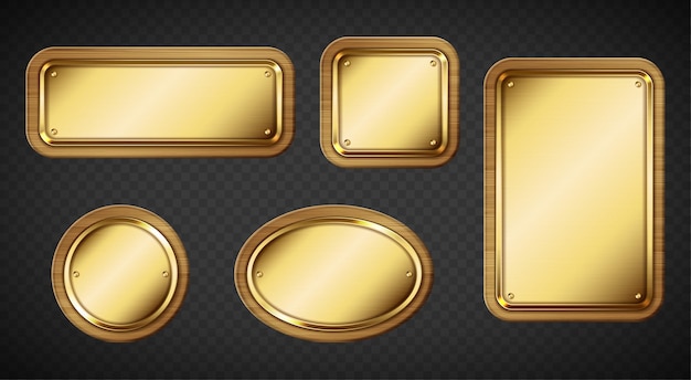Gold name plates with wooden frame and screws on transparent