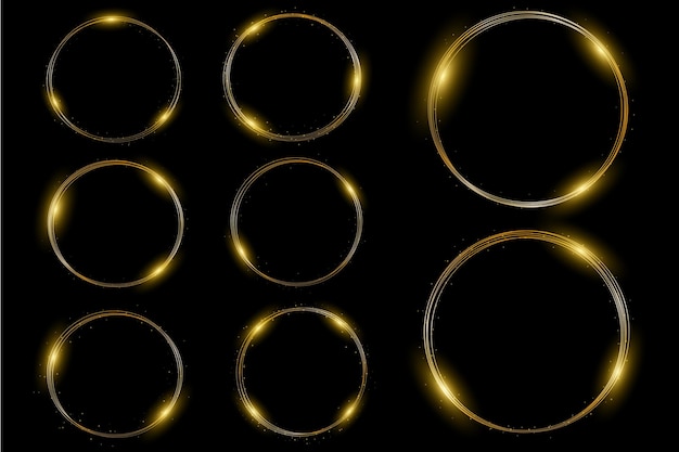 Gold neon light round frame golden flash flies circle glowing magical flashes of fire ring trail