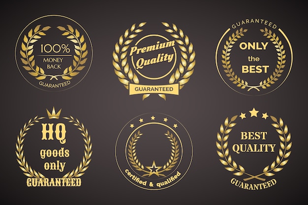 Gold retro guarantee labels with wreaths isolated on black