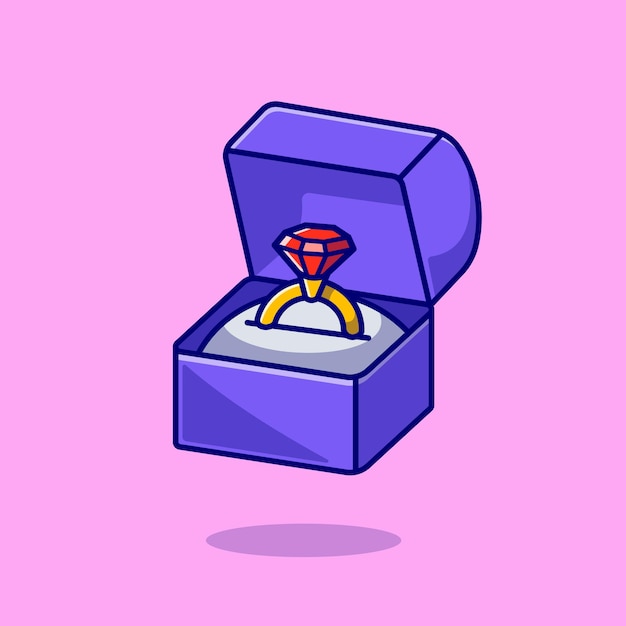 Gold Ring With Diamond In Box. Flat Cartoon Style