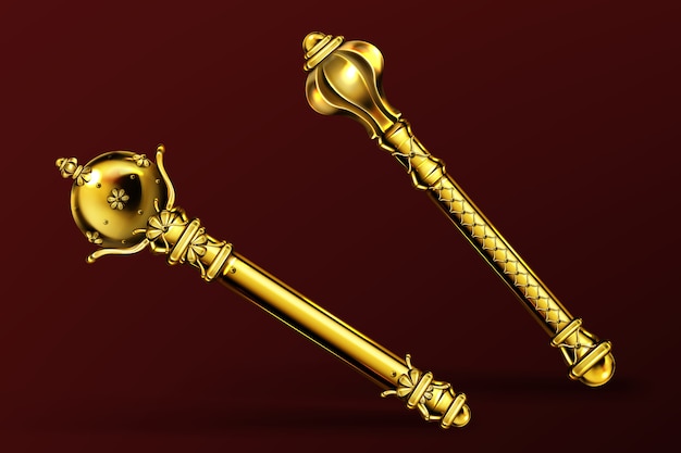 Gold royal scepters, king and queen wands. Vector realistic set of ancient golden rod, royalty symbol of monarchy and imperial power. Medieval jewelry scepter, coronation insignia