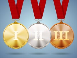 Free vector gold  silver and bronze medals on ribbons with shiny metallic surfaces and roman numerals for one  two and three for a win and placement in a sporting competition  contest or business challenge
