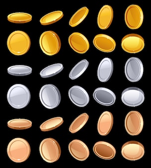 Gold, silver, and copper coins in different positions on white
