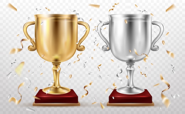 Free vector gold and silver cups, sport trophy, goblets glory