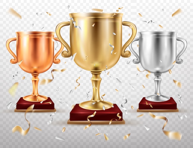 Free vector gold and silver cups, sport trophy, goblets glory