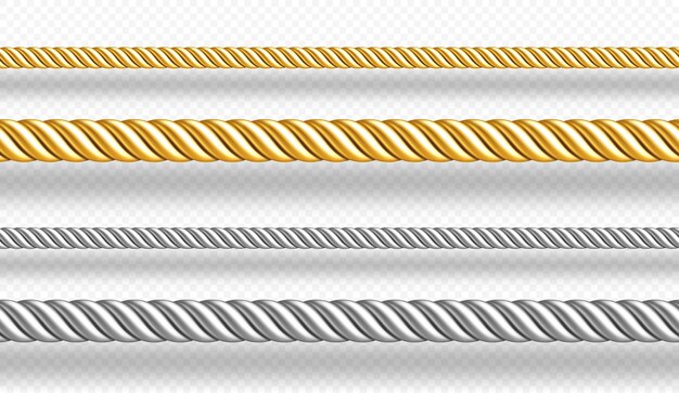 Gold and silver ropes twisted twines isolated on white wall  realistic set of d golden and metal satin cords decoration borders of straight silk strings