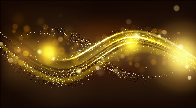 Gold sparkle wave on black blurred background.