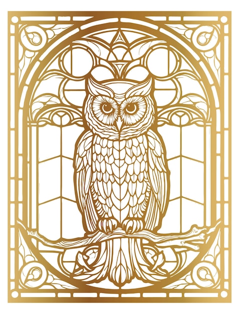 Gold stained glass window pattern of owl