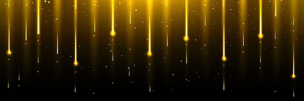 Stella d'oro o cometa doccia pioggia spazio sfondo caduta di meteore dorate con polvere glitterata e scintillio tenda premio lusso magico con particelle di fuochi d'artificio meteorite che cade coda effetto glamour illustrazione