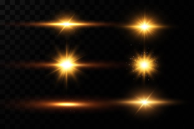 Gold stars, glow effect, glowing lights, sun.