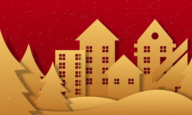 赤い背景に紙のスタイルで木と白い雪と金の町