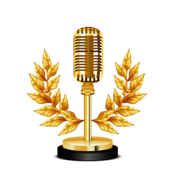 Gold vintage award desktop microphone decorated with wreath on white background realistic  illustration