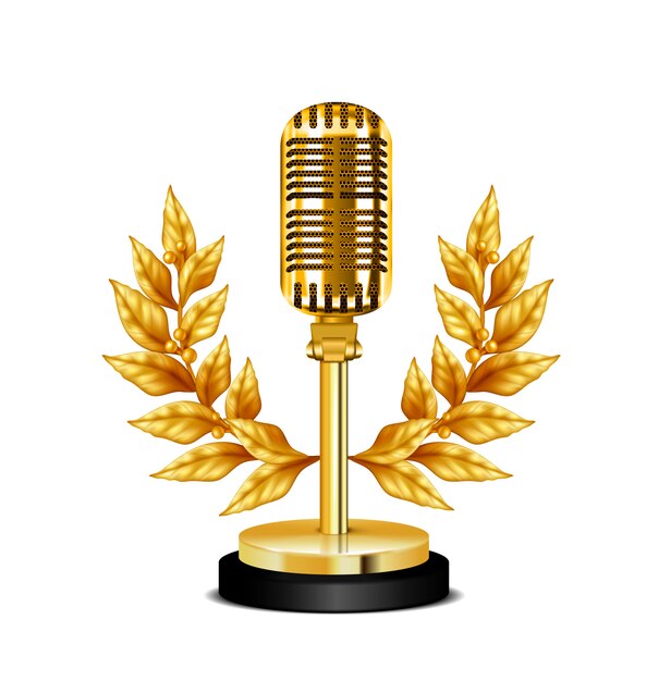 Золотая винтажная награда настольного микрофона украшена венком на белом фоне реалистичной иллюстрации