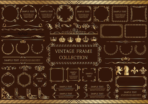 Gold vintage frame set isolated on a dark background.