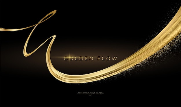 Gold wave flow and golden glitter on black background.