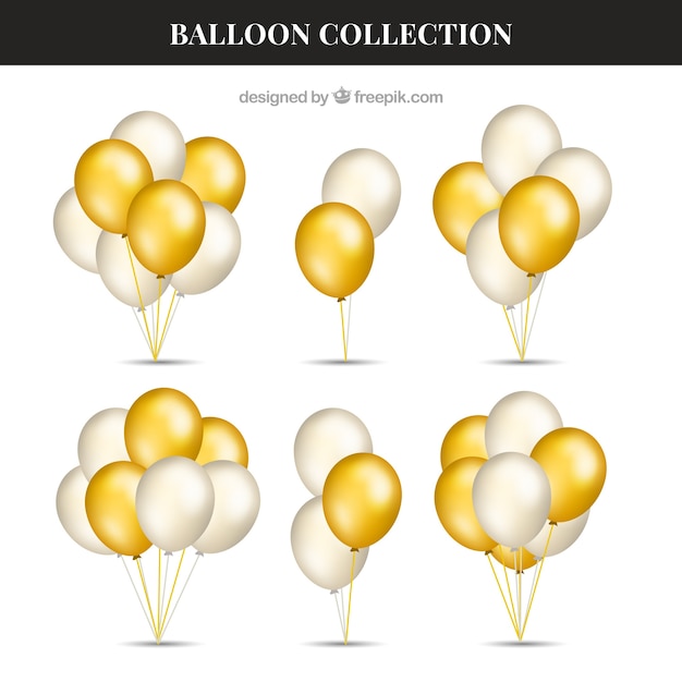 Vettore gratuito collezione di mazzi d'oro e palloncini bianchi