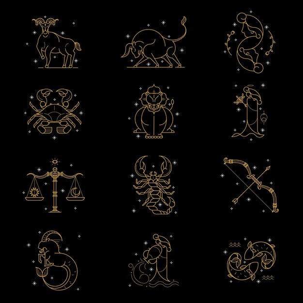 Gold zodiac sign set on a black background 