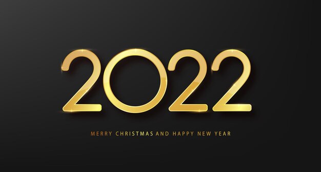Golden 2022 Happy New Year with falling confetti on dark background. Luxury Holyday template for design card, banner.