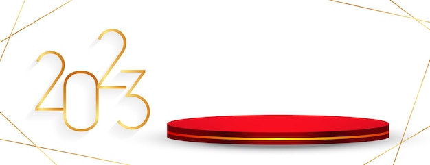Бесплатное векторное изображение Золотой новогодний баннер 2023 года с 3d подиумной платформой