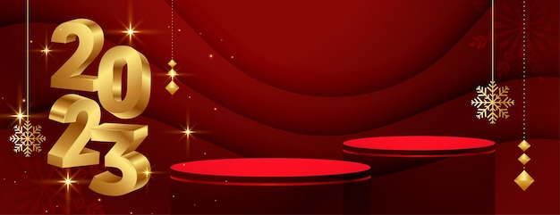 Free vector golden 2023 new year eve banner with 3d podium platform