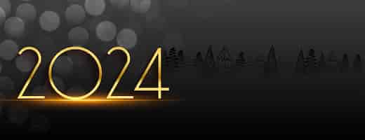 Free vector golden 2024 new year dark banner with text space and bokeh effect