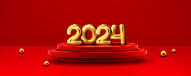 Free vector golden 2024 numbers on red round podium