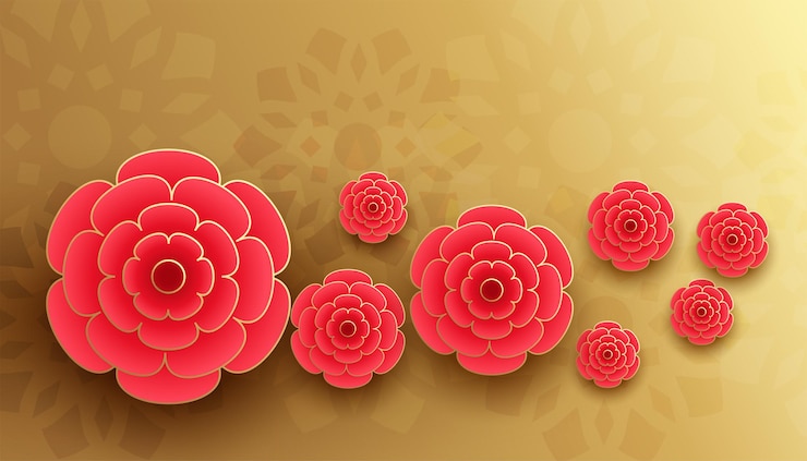 免費 Vector 紅色 3d 花的黃金背景裝飾